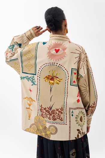 Shop NOIB Multi Color Cotton Collared Neck Xena Postcards And Petals Print Over Shirt at Aza Fashions Shop_NOIB_Multi Color Cotton Collared Neck Xena Postcards And Petals Print Over Shirt _at_Aza_Fashions