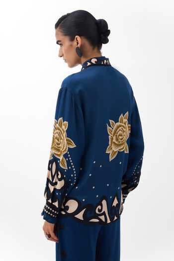 NOIB Blue Satin, Modal Collared Neck Iris Old Rose Print Shirt Online at Aza Fashions NOIB_Blue Satin, Modal Collared Neck Iris Old Rose Print Shirt _Online_at_Aza_Fashions