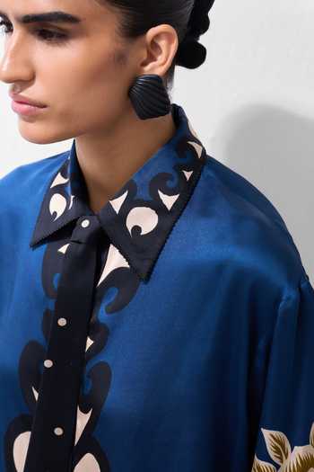 Buy NOIB Blue Satin, Modal Collared Neck Iris Old Rose Print Shirt Online at Aza Fashions Buy_NOIB_Blue Satin, Modal Collared Neck Iris Old Rose Print Shirt _Online_at_Aza_Fashions