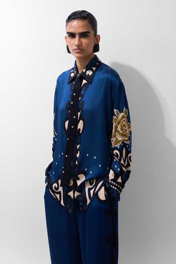 Shop NOIB Blue Satin, Modal Collared Neck Iris Old Rose Print Shirt Online at Aza Fashions Shop_NOIB_Blue Satin, Modal Collared Neck Iris Old Rose Print Shirt _Online_at_Aza_Fashions