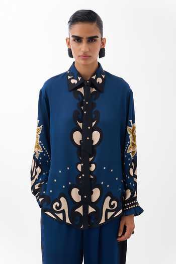 NOIB Blue Satin, Modal Collared Neck Iris Old Rose Print Shirt at Aza Fashions NOIB_Blue Satin, Modal Collared Neck Iris Old Rose Print Shirt _at_Aza_Fashions