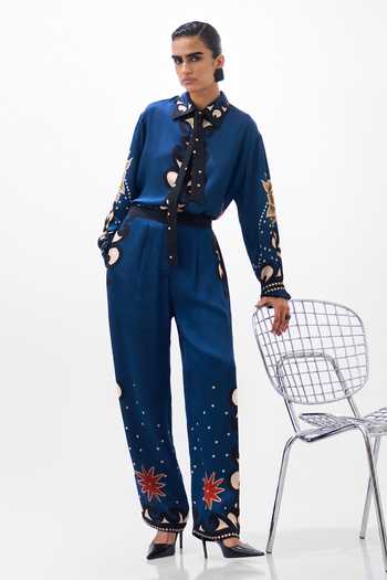 Buy NOIB Blue Satin, Modal Thais Old Rose Print Pant Online at Aza Fashions Buy_NOIB_Blue Satin, Modal Thais Old Rose Print Pant _Online_at_Aza_Fashions