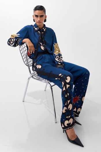 Shop NOIB Blue Satin, Modal Thais Old Rose Print Pant Online at Aza Fashions Shop_NOIB_Blue Satin, Modal Thais Old Rose Print Pant _Online_at_Aza_Fashions