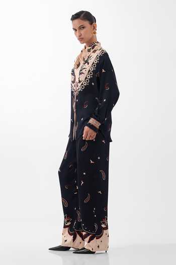 NOIB Multi Color Satin, Modal Collared Neck Iris Nocturnal Jungle Print Shirt Online at Aza Fashions NOIB_Multi Color Satin, Modal Collared Neck Iris Nocturnal Jungle Print Shirt _Online_at_Aza_Fashions