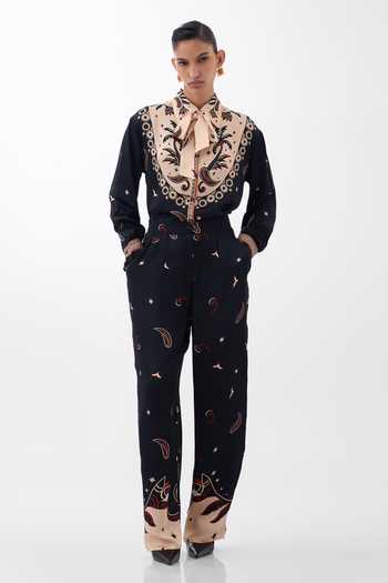 Shop NOIB Multi Color Satin, Modal Collared Neck Iris Nocturnal Jungle Print Shirt Online at Aza Fashions Shop_NOIB_Multi Color Satin, Modal Collared Neck Iris Nocturnal Jungle Print Shirt _Online_at_Aza_Fashions