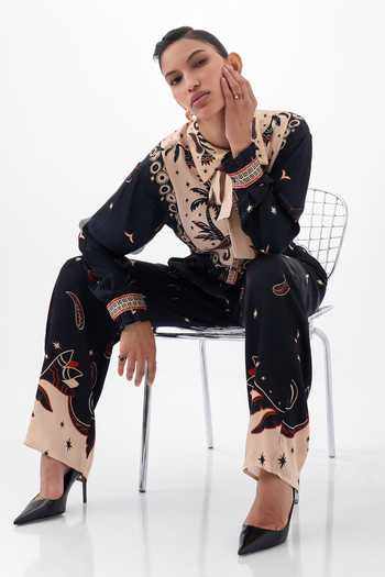 NOIB Multi Color Satin, Modal Collared Neck Iris Nocturnal Jungle Print Shirt at Aza Fashions NOIB_Multi Color Satin, Modal Collared Neck Iris Nocturnal Jungle Print Shirt _at_Aza_Fashions