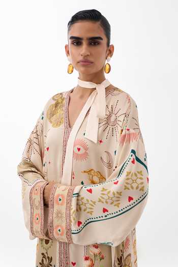 NOIB Multi Color Satin, Modal Plunge Neck Adah Postcards And Petals Print Kaftan at Aza Fashions NOIB_Multi Color Satin, Modal Plunge Neck Adah Postcards And Petals Print Kaftan _at_Aza_Fashions