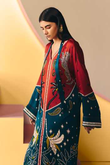 Shop NOIB Multicolor Satin, Modal V-neck Adah Nocturnal Jungle Print Kaftan Online at Aza Fashions Shop_NOIB_Multicolor Satin, Modal V-neck Adah Nocturnal Jungle Print Kaftan _Online_at_Aza_Fashions