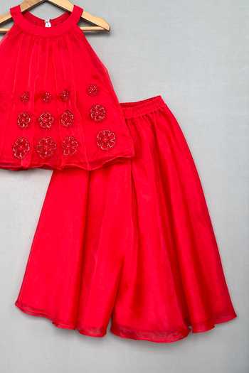 Label Neeti_Red Organza Embroidered Tunic And Palazzo Set _Online_at_Aza_Fashions