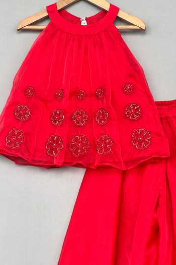 Buy_Label Neeti_Red Organza Embroidered Tunic And Palazzo Set _Online_at_Aza_Fashions