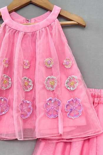 Buy_Label Neeti_Pink Organza Embroidered Tunic And Palazzo _Online_at_Aza_Fashions
