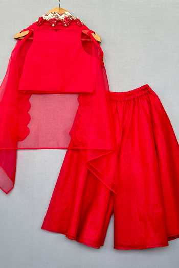 Label Neeti_Red Organza, Cotton Embroidered Cape Palazzo Set _Online_at_Aza_Fashions