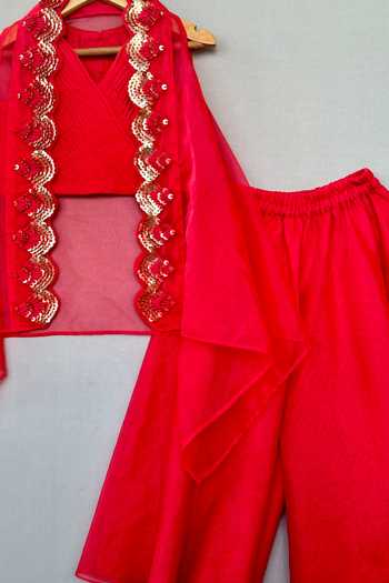 Buy_Label Neeti_Red Organza, Cotton Embroidered Cape Palazzo Set _Online_at_Aza_Fashions