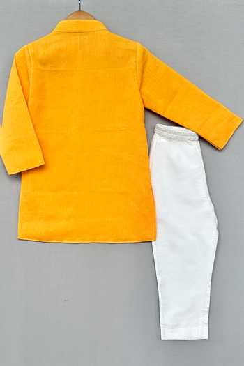 Label Neeti_Yellow Cotton Embroidered Pintucked Kurta With Trouser _Online_at_Aza_Fashions