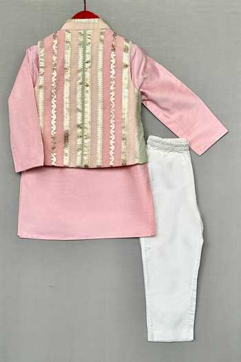 Label Neeti_Pink Silk, Chanderi Metallic Striped Nehru Jacket And Kurta Set _Online_at_Aza_Fashions