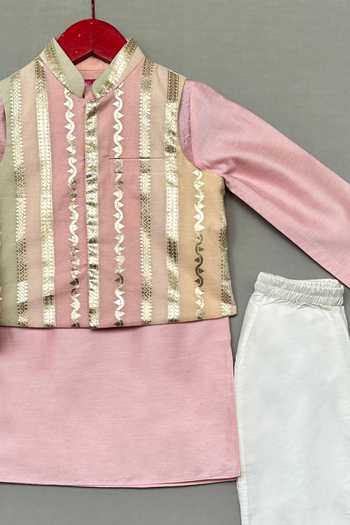 Buy_Label Neeti_Pink Silk, Chanderi Metallic Striped Nehru Jacket And Kurta Set _Online_at_Aza_Fashions