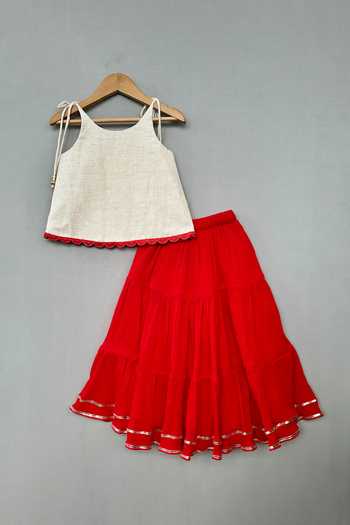 Label Neeti_Ivory Cotton Embroidered Strappy Top With Tiered Lehenga _Online_at_Aza_Fashions