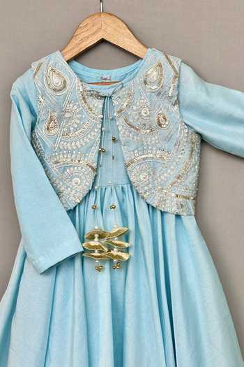 Label Neeti_Sky Blue Silk, Cotton Embroidered Jacket And Anarkali Set _Online_at_Aza_Fashions