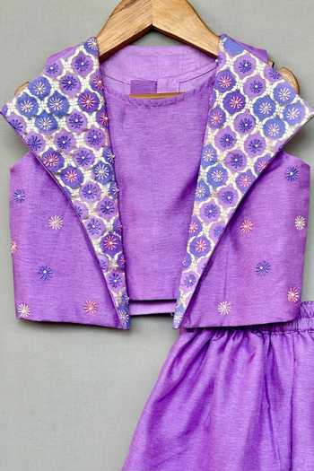 Label Neeti_Purple Silk, Cotton Embroidered Open Jacket And Palazzo Set _Online_at_Aza_Fashions