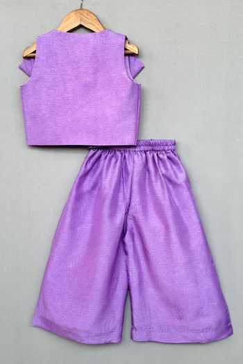 Buy_Label Neeti_Purple Silk, Cotton Embroidered Open Jacket And Palazzo Set _Online_at_Aza_Fashions