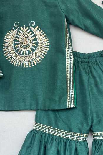 Label Neeti_Green Silk Embroidered Kurta Sharara Set _Online_at_Aza_Fashions