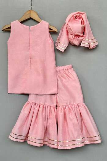Label Neeti_Peach Cotton, Silk Embroidered Kurta Sharara Set _Online_at_Aza_Fashions