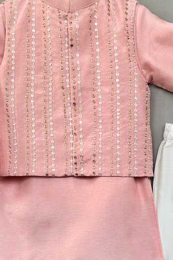 Label Neeti_Peach Silk Embroidered Nehru Jacket And Kurta Set _Online_at_Aza_Fashions
