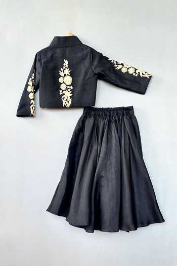 Label Neeti_Black Silk Zari Floral Embroidered Top And Lehenga Set _Online_at_Aza_Fashions