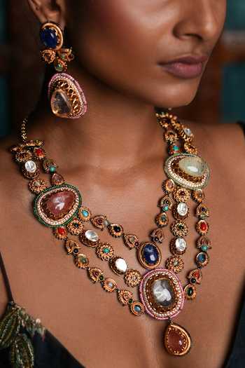 Buy_Cao Jewellery_Multi Color Navrattan Embellished Pendant Necklace Set _Online_at_Aza_Fashions