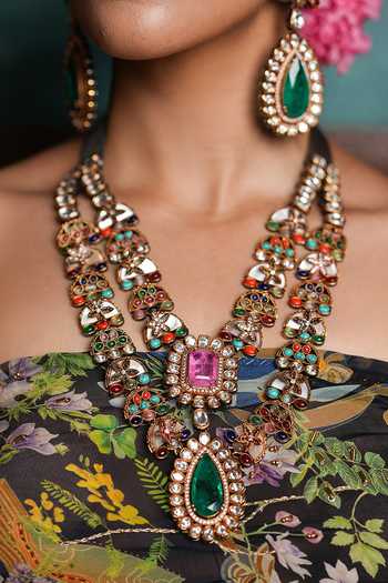 Buy Cao Jewellery Multi Color Navrattan Double Layered Necklace Set Online at Aza Fashions Buy_Cao Jewellery_Multi Color Navrattan Double Layered Necklace Set _Online_at_Aza_Fashions