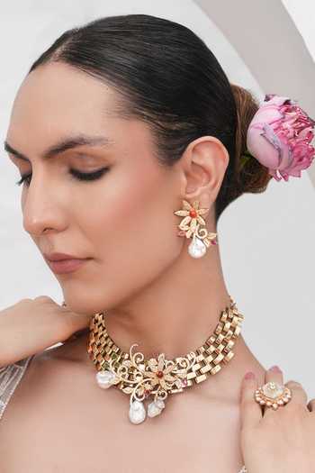 Cao Jewellery_Pink Baroque Pearl Embroidered Necklace Set _Online_at_Aza_Fashions