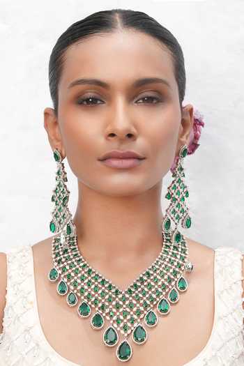 Shop Cao Jewellery Green American Imitation Diamond Embellished Necklace Set at Aza Fashions Shop_Cao Jewellery_Green American Imitation Diamond Embellished Necklace Set _at_Aza_Fashions
