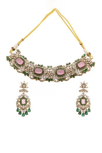 Shop Cao Jewellery Pink Stone Embellished Choker Set at Aza Fashions Shop_Cao Jewellery_Pink Stone Embellished Choker Set _at_Aza_Fashions