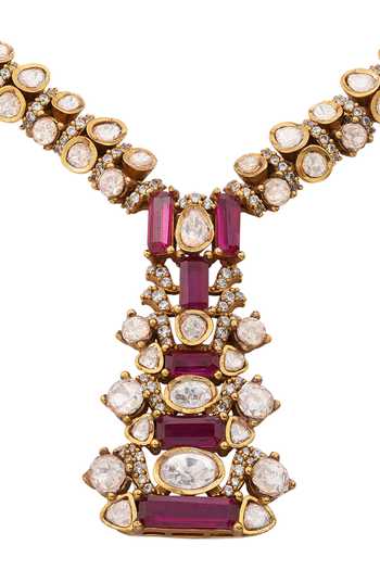 Buy_Cao Jewellery_Red Polki Embellished Baguette Necklace Set _Online_at_Aza_Fashions