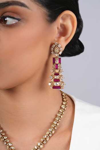 Shop_Cao Jewellery_Red Polki Embellished Baguette Necklace Set _Online_at_Aza_Fashions