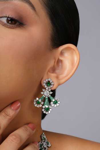 Shop_Cao Jewellery_Silver Plated Emerald Cascade Necklace Set _Online_at_Aza_Fashions