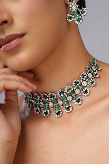 Cao Jewellery_Silver Plated Emerald Cascade Necklace Set _at_Aza_Fashions