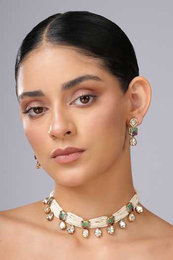 Shop Cao Jewellery Green Seed Pearl Embellished Choker Set Online at Aza Fashions Shop_Cao Jewellery_Green Seed Pearl Embellished Choker Set _Online_at_Aza_Fashions