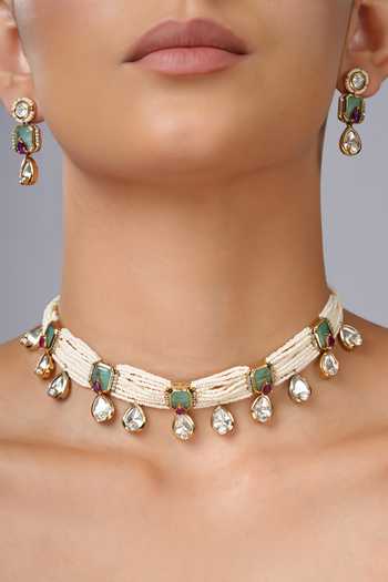 Cao Jewellery Green Seed Pearl Embellished Choker Set at Aza Fashions Cao Jewellery_Green Seed Pearl Embellished Choker Set _at_Aza_Fashions