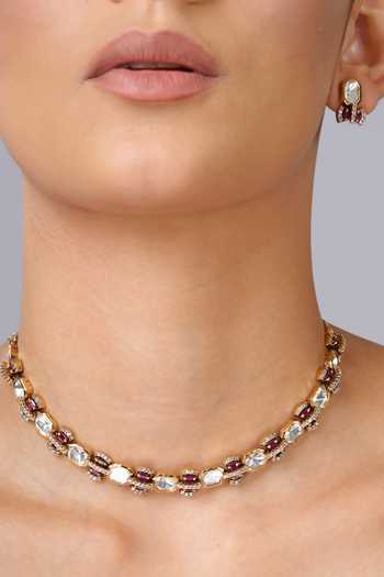 Shop Cao Jewellery Red Ruby Polki Embellished Necklace Set Online at Aza Fashions Shop_Cao Jewellery_Red Ruby Polki Embellished Necklace Set _Online_at_Aza_Fashions