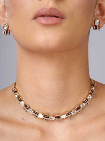 Cao Jewellery Red Ruby Polki Embellished Necklace Set at Aza Fashions Cao Jewellery_Red Ruby Polki Embellished Necklace Set _at_Aza_Fashions