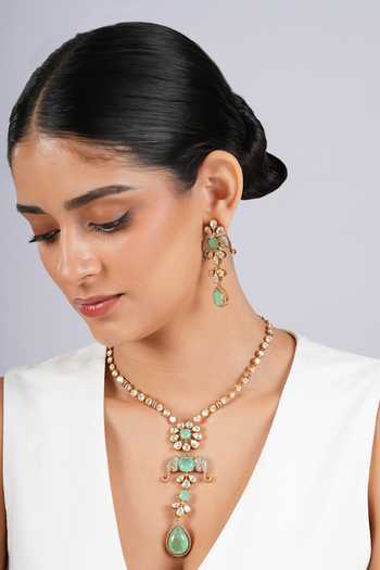 Buy Cao Jewellery Green Elephant Motif Pendant Necklace Set Online at Aza Fashions Buy_Cao Jewellery_Green Elephant Motif Pendant Necklace Set _Online_at_Aza_Fashions