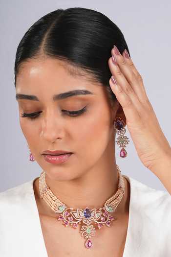 Shop Cao Jewellery Multi Color Pearl Embellished Necklace Set Online at Aza Fashions Shop_Cao Jewellery_Multi Color Pearl Embellished Necklace Set _Online_at_Aza_Fashions