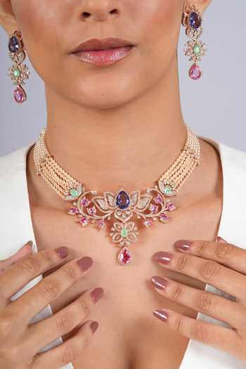 Cao Jewellery Multi Color Pearl Embellished Necklace Set at Aza Fashions Cao Jewellery_Multi Color Pearl Embellished Necklace Set _at_Aza_Fashions