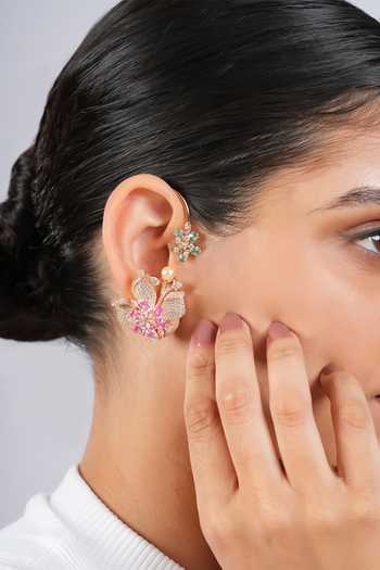 Cao Jewellery Pink Botanical Ear Wrap Pair Of Earrings at Aza Fashions Cao Jewellery_Pink Botanical Ear Wrap Pair Of Earrings _at_Aza_Fashions