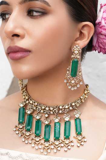 Cao Jewellery Green Stone Studded Necklace Set Online at Aza Fashions Cao Jewellery_Green Stone Studded Necklace Set _Online_at_Aza_Fashions