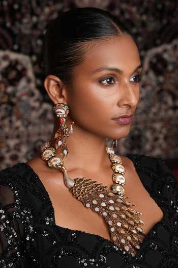 Cao Jewellery Gold Plated Peacock Motif Long Necklace Set Online at Aza Fashions Cao Jewellery_Gold Plated Peacock Motif Long Necklace Set _Online_at_Aza_Fashions