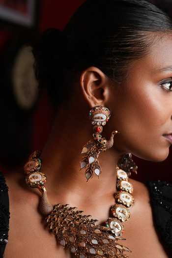 Shop Cao Jewellery Gold Plated Peacock Motif Long Necklace Set Online at Aza Fashions Shop_Cao Jewellery_Gold Plated Peacock Motif Long Necklace Set _Online_at_Aza_Fashions