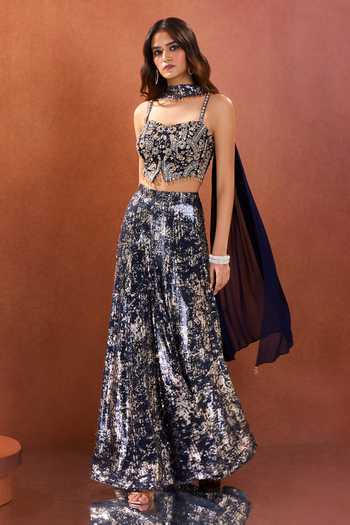 Buy_Samyukta Singhania_Blue Lycra, Net Embroidery, Sequins Square Neck Blouse Palazzo Set _Online_at_Aza_Fashions