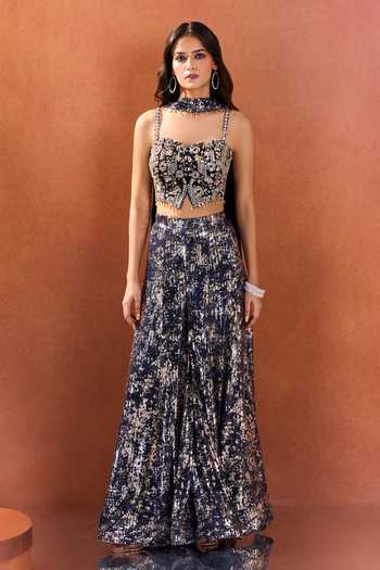 Samyukta Singhania_Blue Lycra, Net Embroidery, Sequins Square Neck Blouse Palazzo Set _at_Aza_Fashions